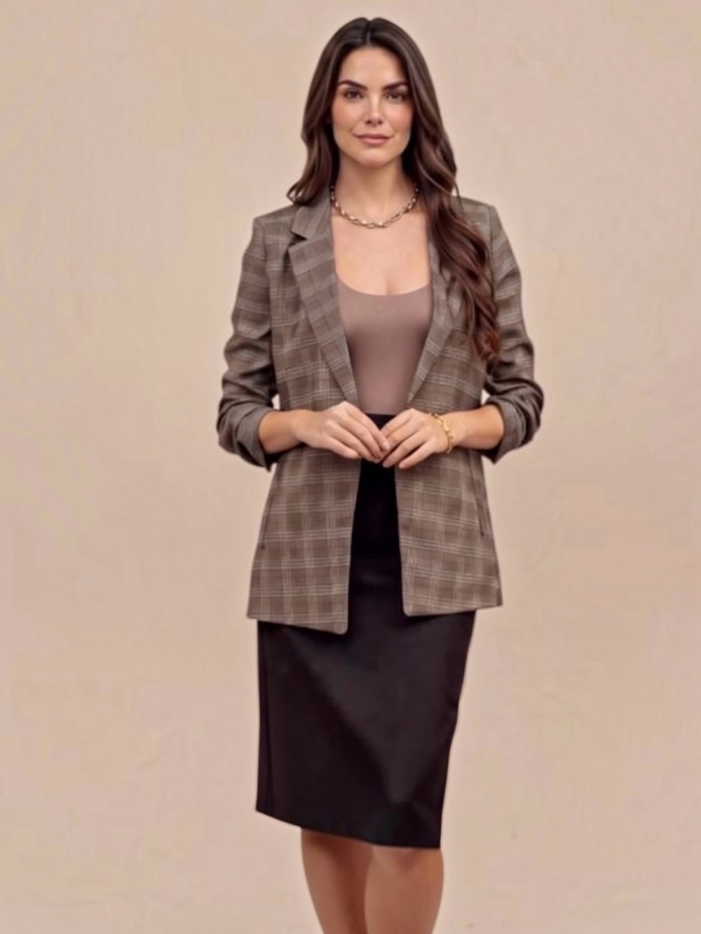 Studio Brown Plaid 3/4 Sleeve Ruched Blazer Sm Med Lg - Picture 2 of 16